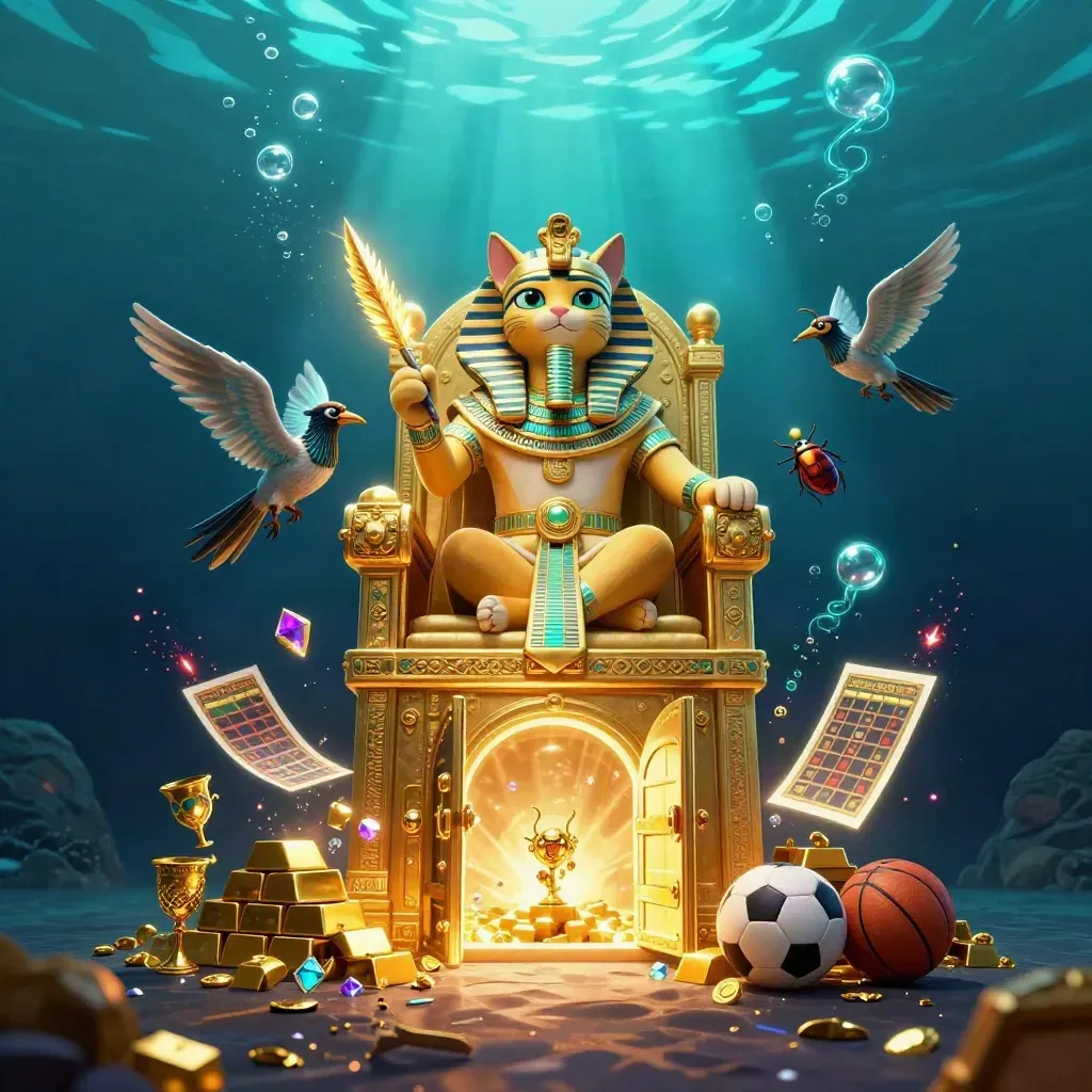Pharaoh cat on a golden throne with an ibis scribe, scarabs, and a glowing vault underwater.