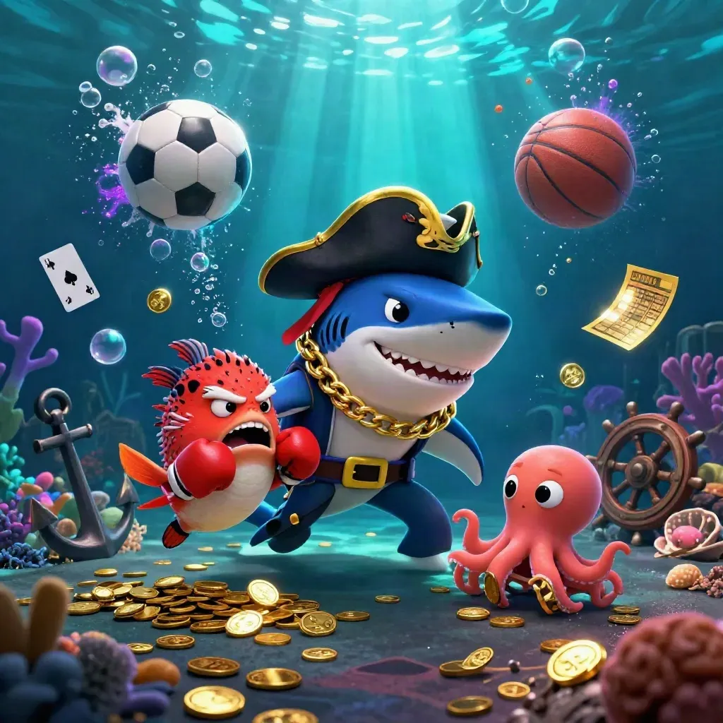 Shark pirate, pufferfish and octopus amid coins, balls, coral and glowing underwater casino effects.