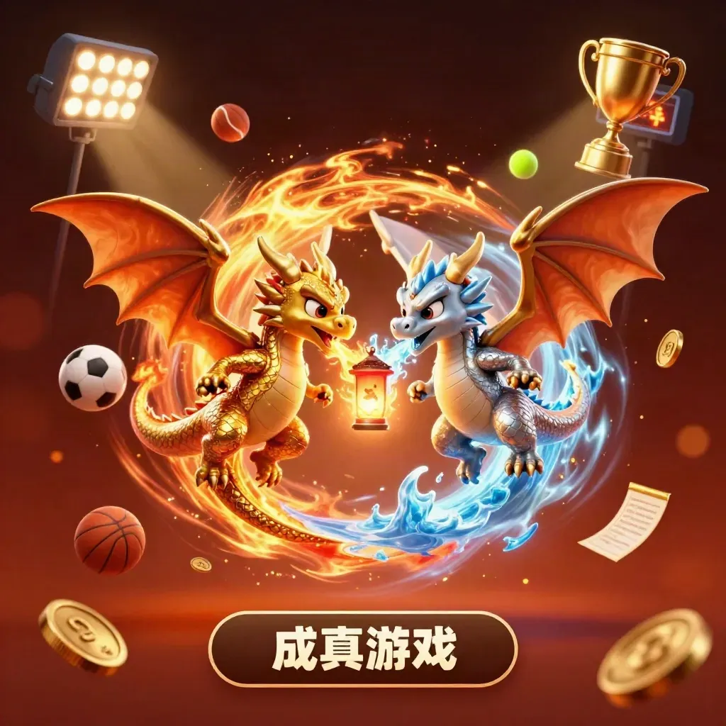 Twin gold and silver dragons spiral with sports balls, trophy, coins, and glowing casino lights.