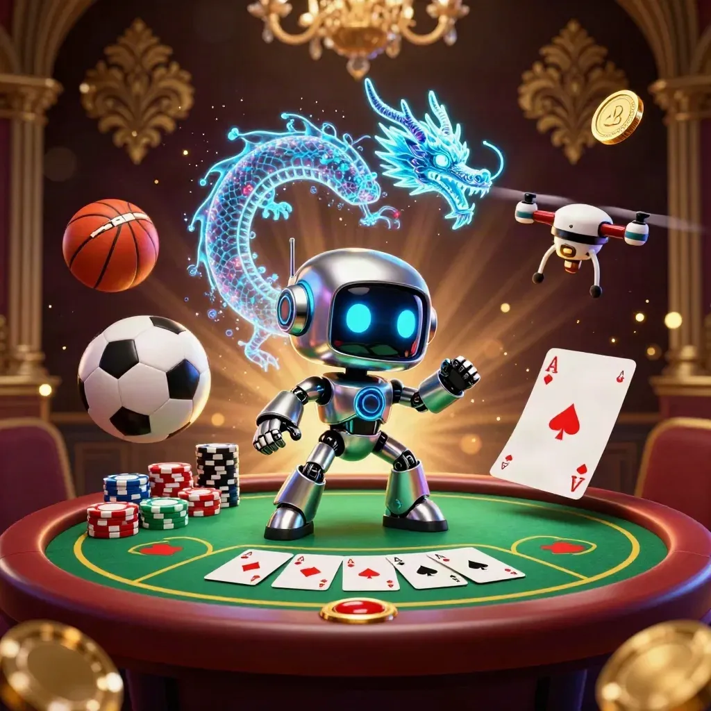 Cyberpunk robot, digital dragon, drone, chips and sports balls in a luxe casino blast.