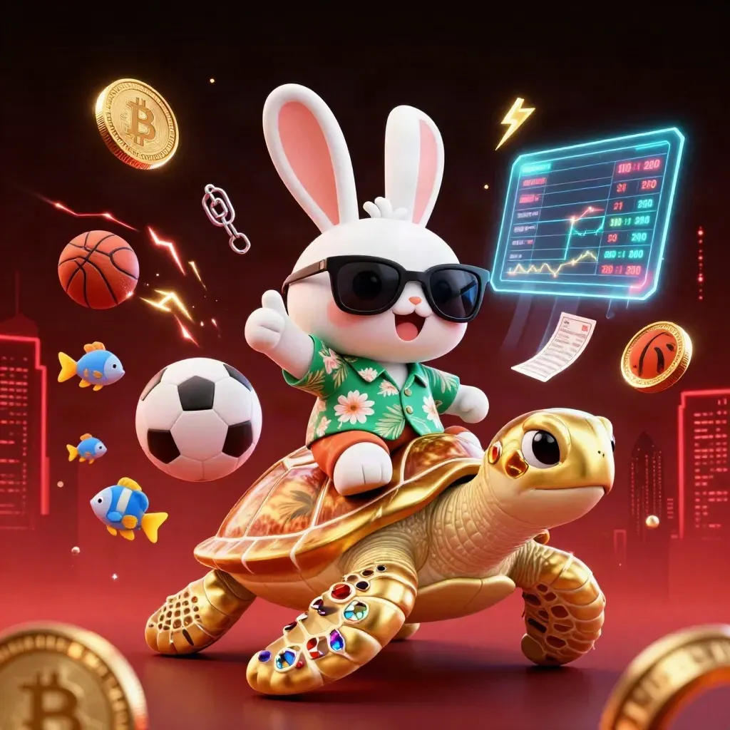 Lucky rabbit on golden sea turtle with coins, balls and neon casino energy in a dark city glow