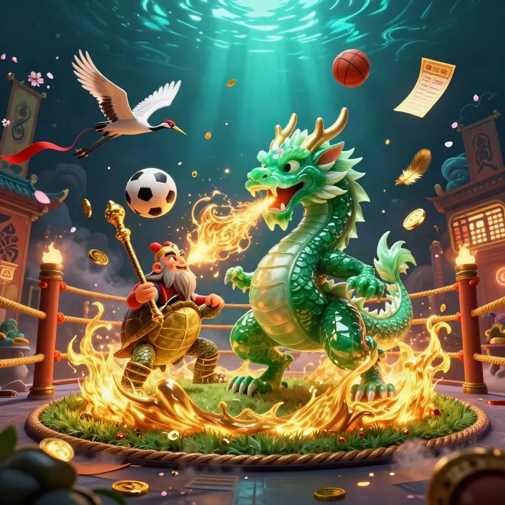 Dragon, turtle sage, and cranes amid sports balls, gold fire, and casino fantasy action.