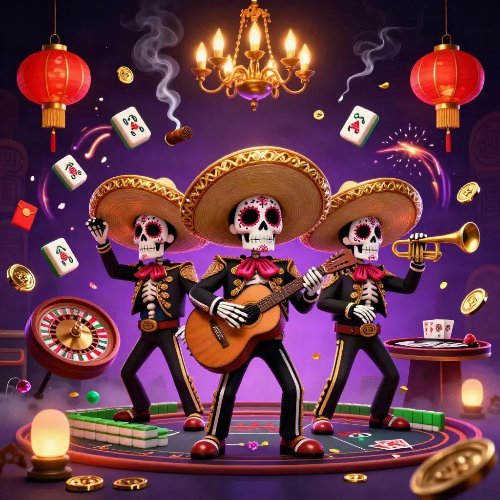Skeleton mariachi trio in a neon casino lounge with lanterns, jade coins and a roulette wheel.
