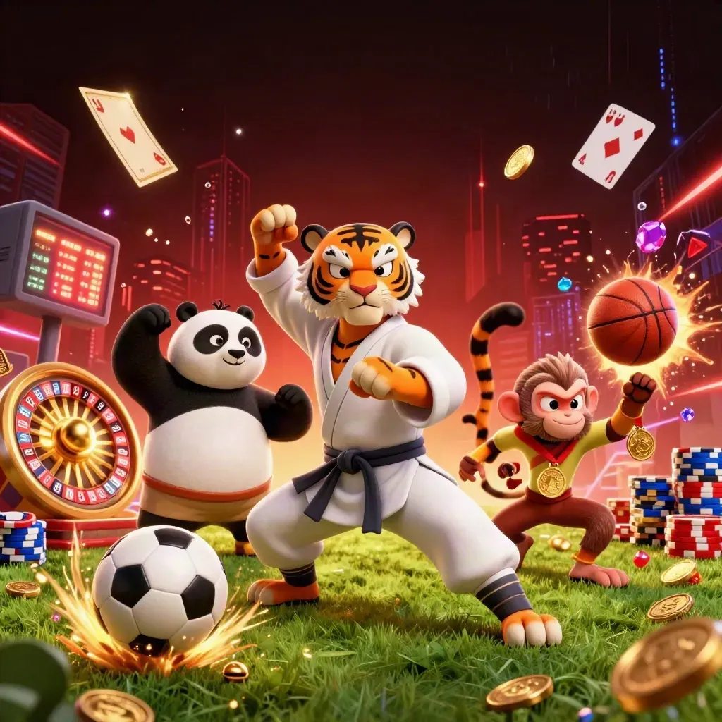 Kung-fu tiger, panda, and monkey amid casino sports chaos, coins, chips, and blazing neon.