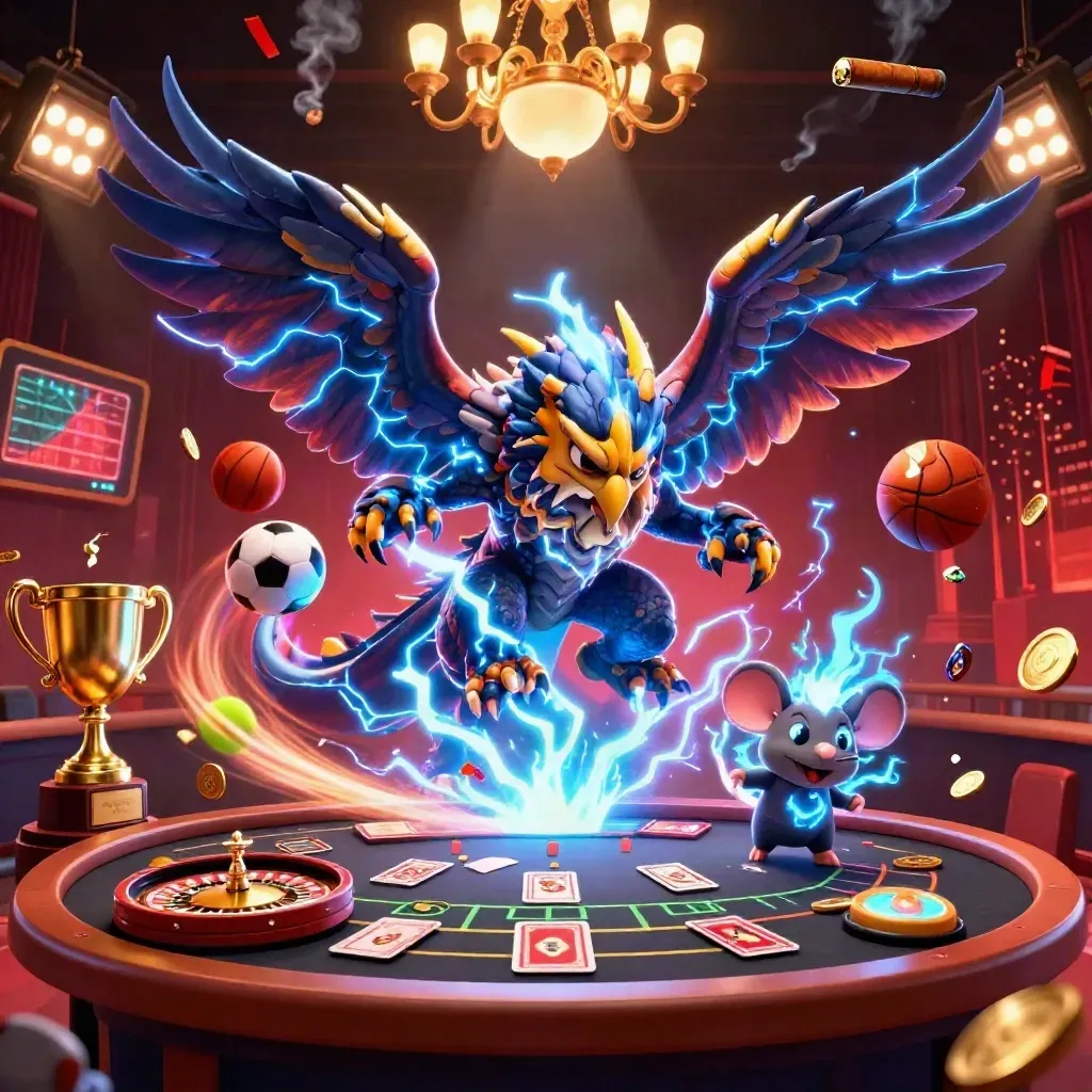 Thunder dragon, wind hawk, and static mouse in a luxe casino room with sports props and glowing lights