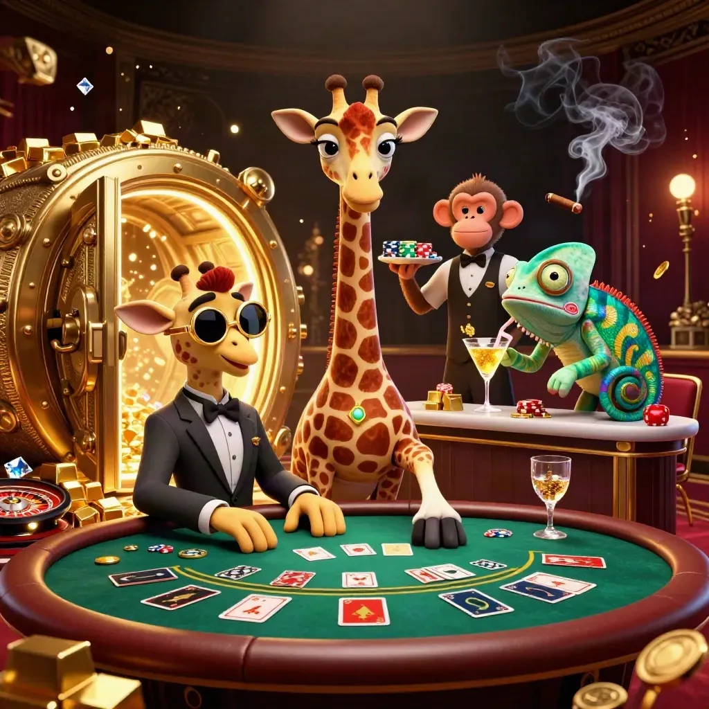 Luxe casino scene with giraffe high roller, monkey valet, and chameleon bartender amid gold vault light.
