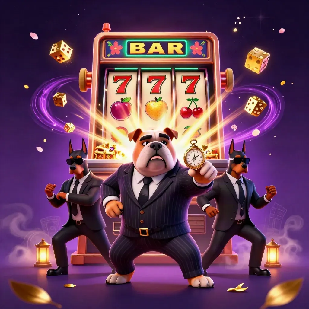 Bulldog boss and two Doberman guards amid exploding slot jackpot magic and gold