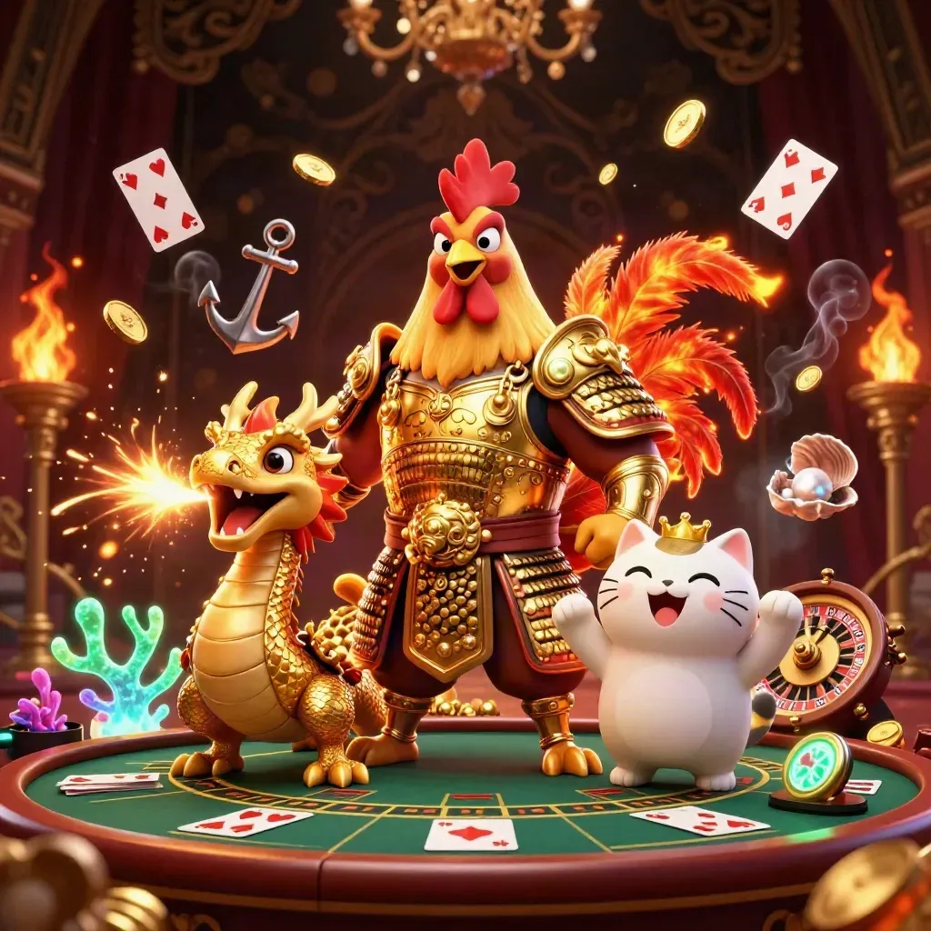 Rooster warrior, dragon hatchling, and fortune-cat in a luxe casino treasure-cove scene.