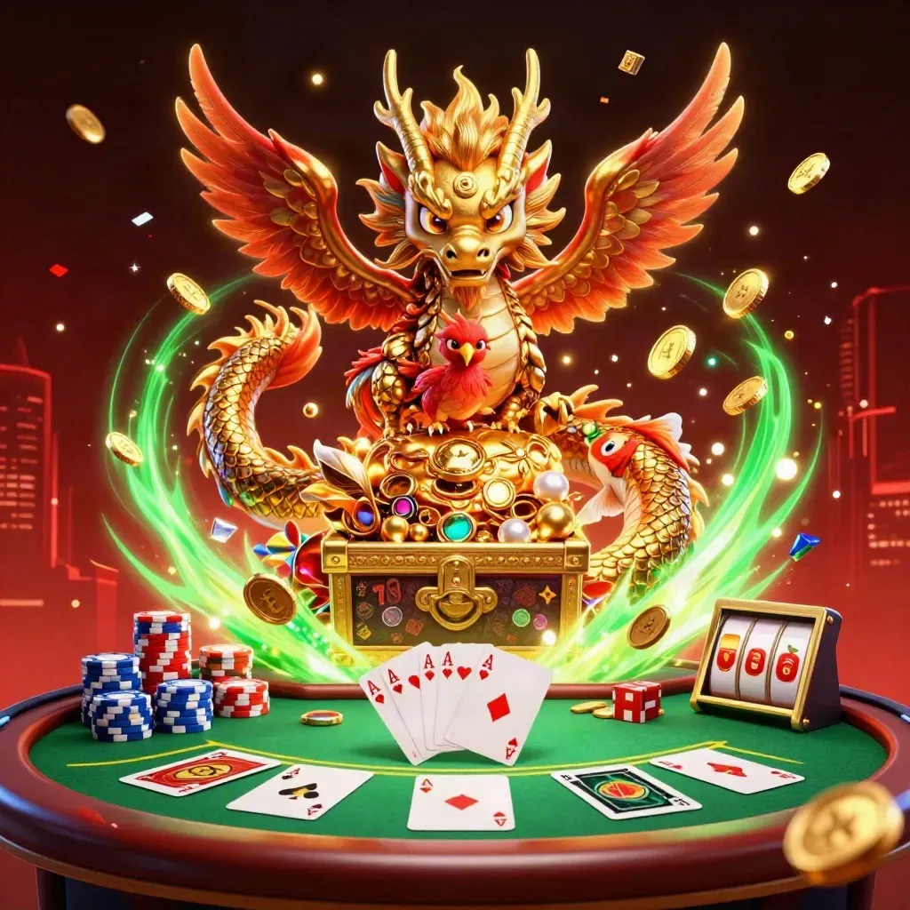 Golden dragon, red phoenix, and koi erupt from treasure in a neon casino storm.