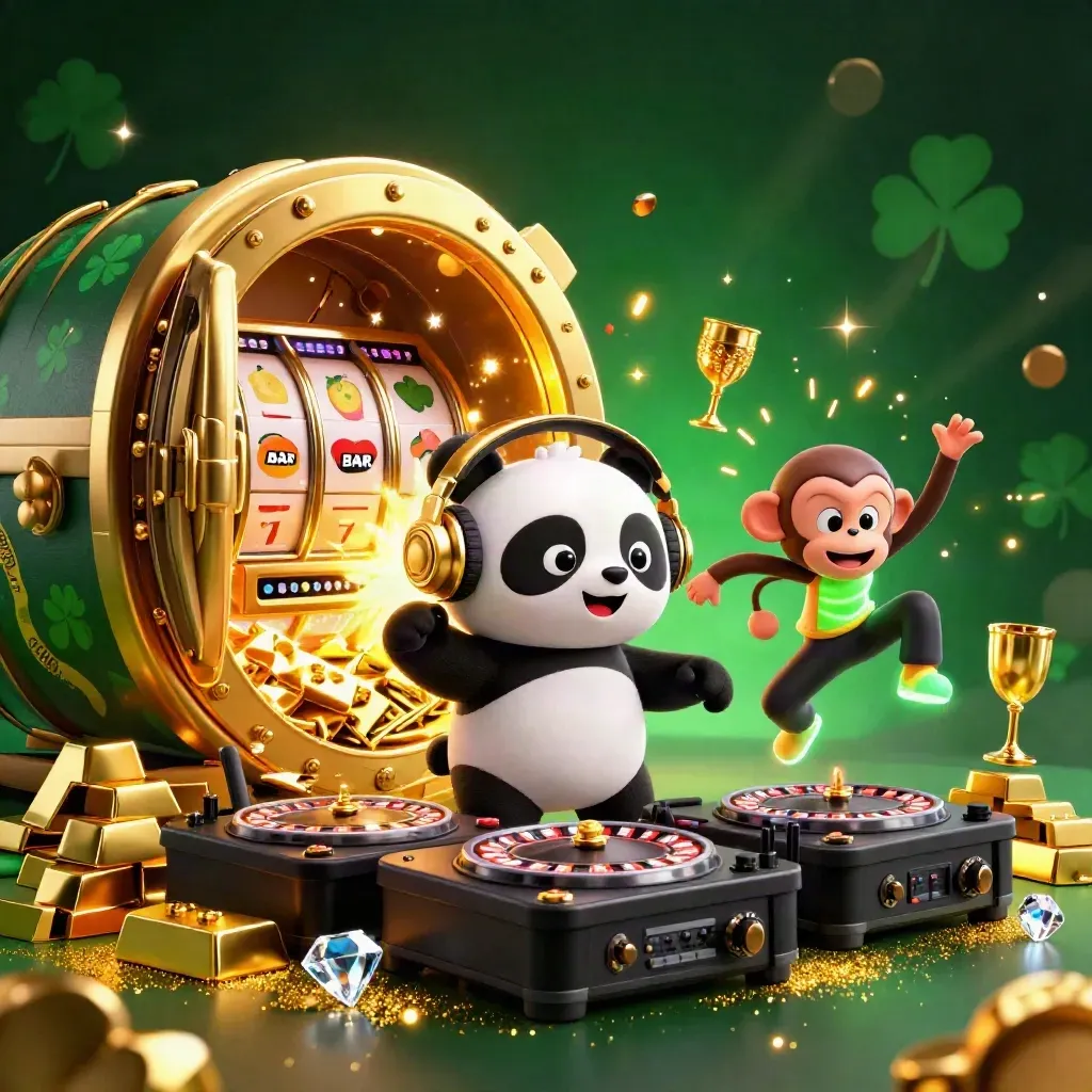 DJ panda, dancing monkey, and glow-stick kitten burst from a golden vault amid gems and casino loot.
