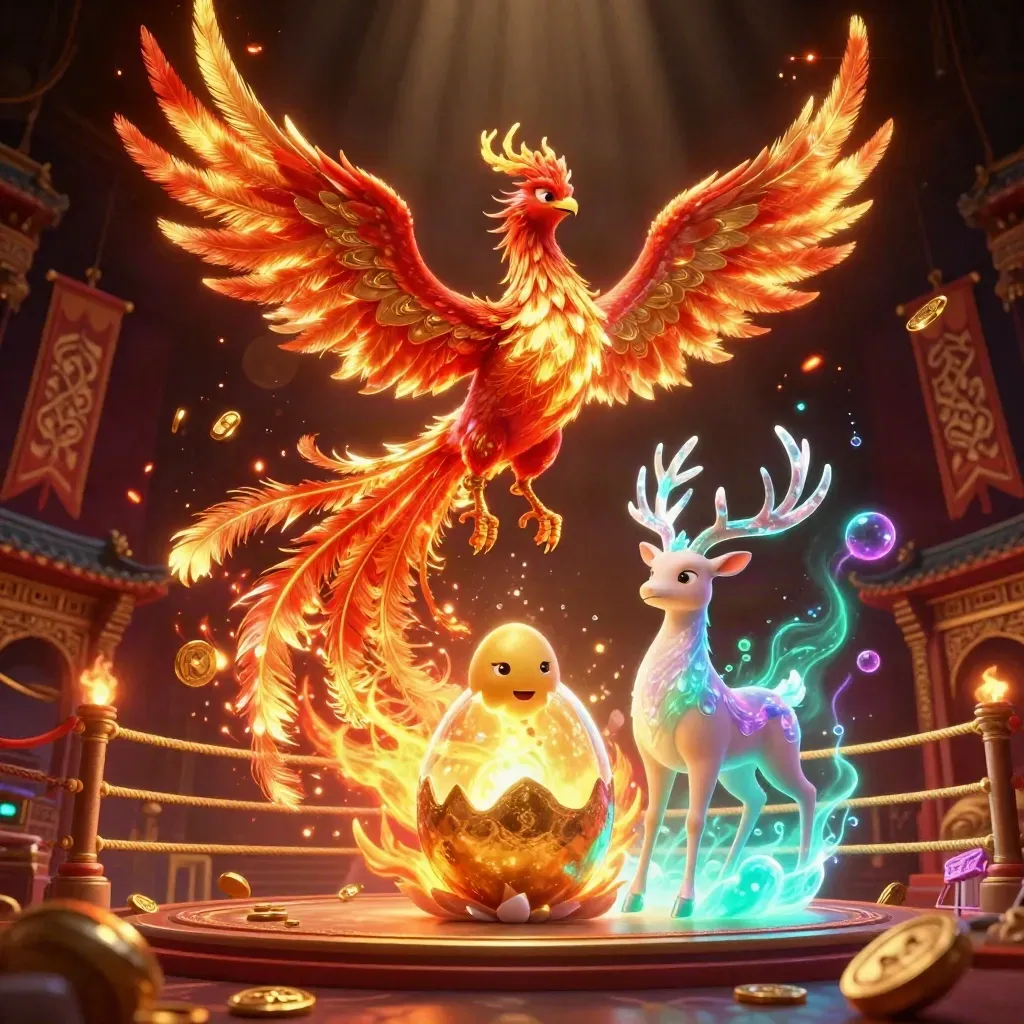 Fire phoenix, hatching chick, and crystal stag amid gold coins in a luxe casino fantasy
