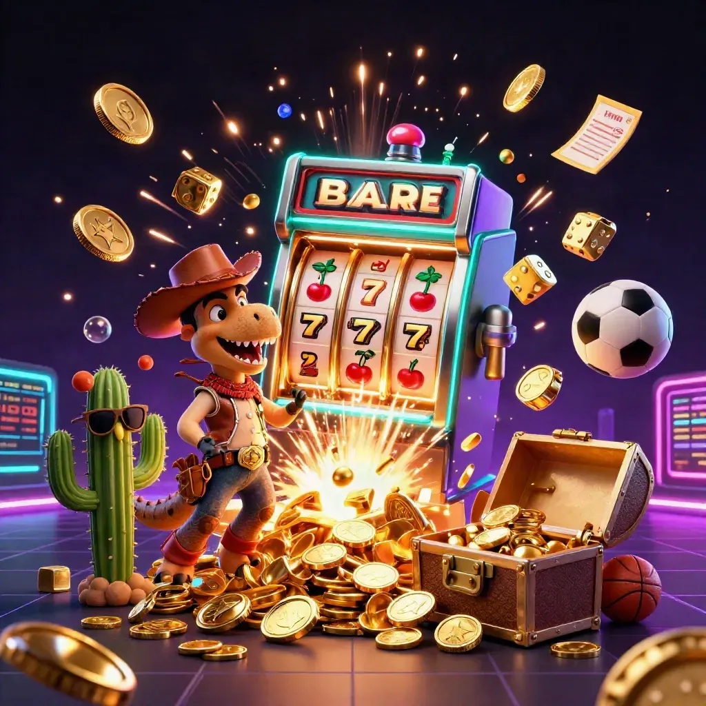 Cowboy T-Rex trio amid vault gold, slot symbols, treasure, fireworks, and neon casino glow