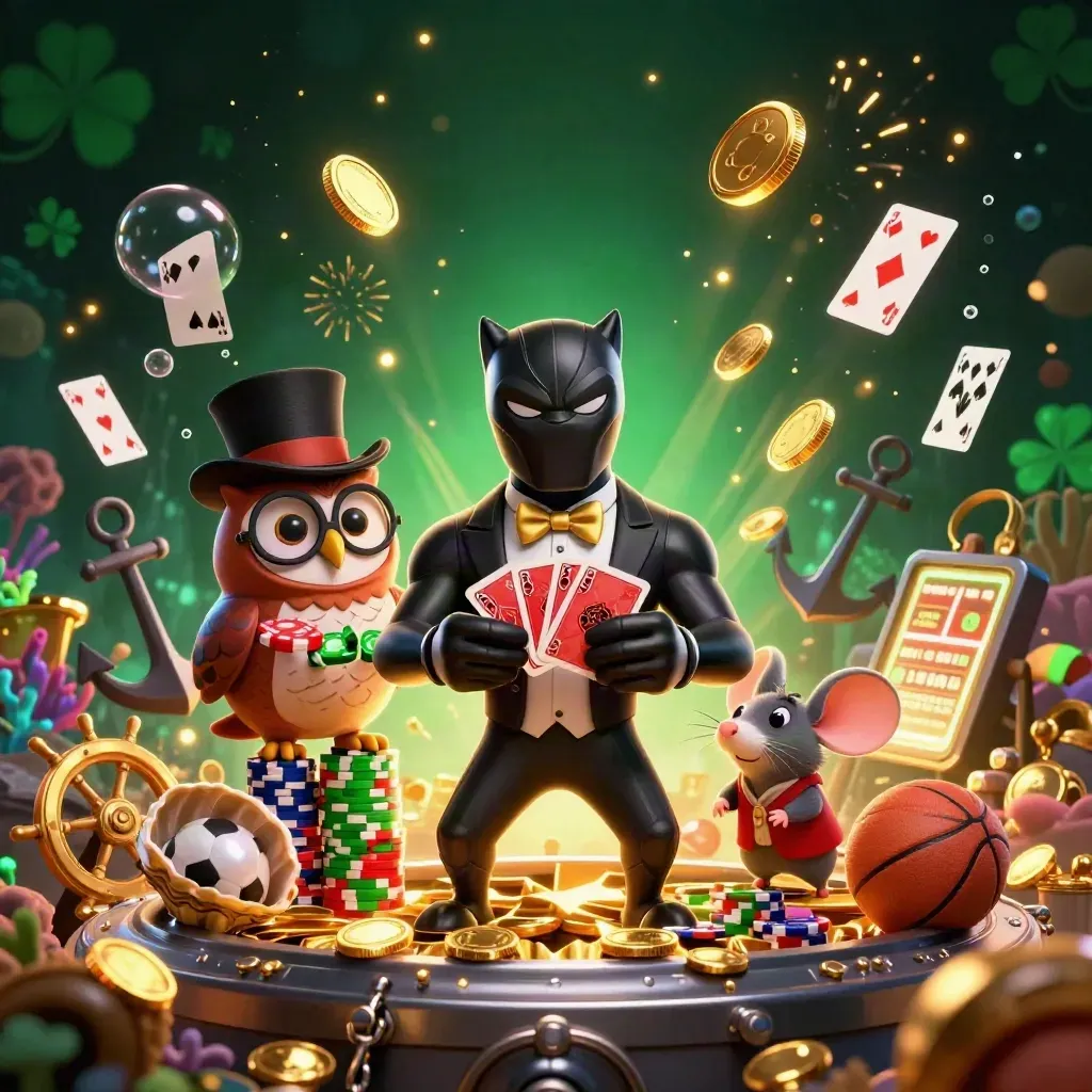 Panther, owl, and mouse celebrate in a gold-coin vault amid casino treasure and sports icons.