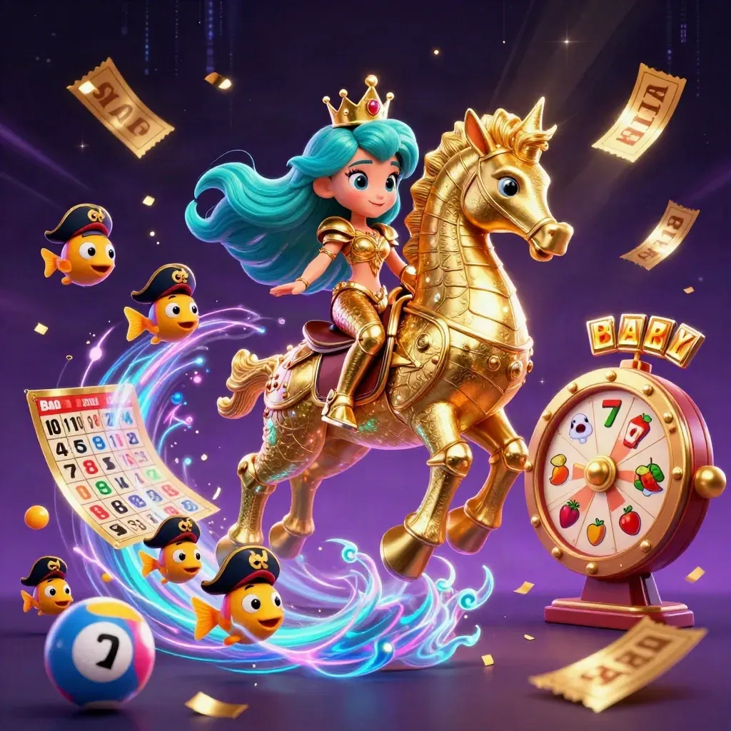 Mermaid princess rides a gold seahorse as casino icons and neon energy burst in a dark cosmic sea.