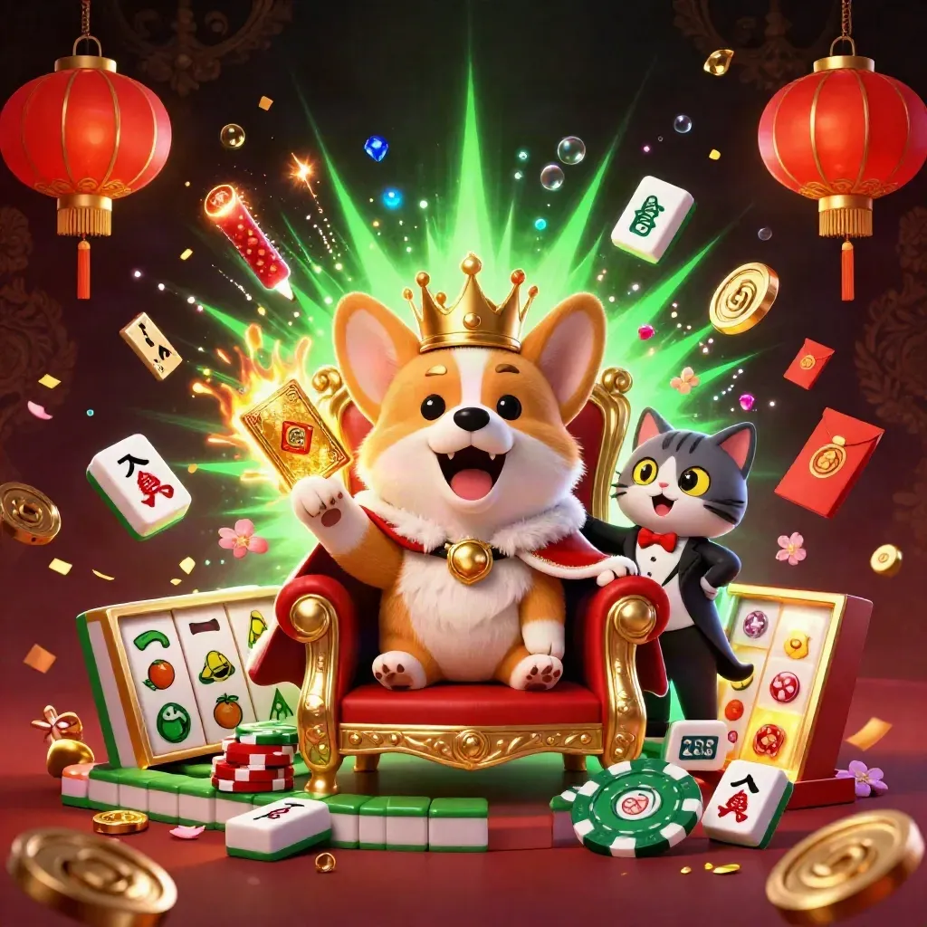 Crowned corgi and cat butler burst with casino treasure, lanterns, coins and neon energy.