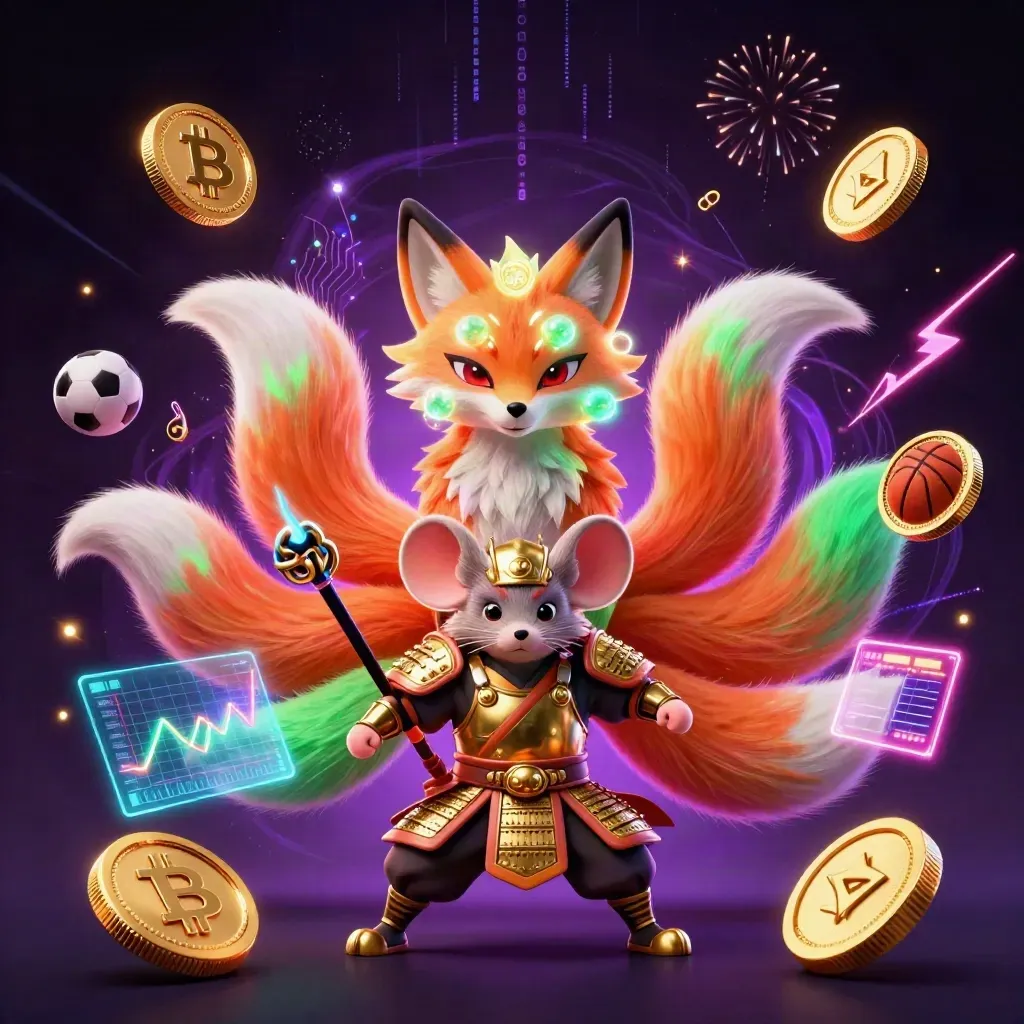 Neon fox spirit and samurai mouse amid gold coins, crypto icons, and sports betting energy.