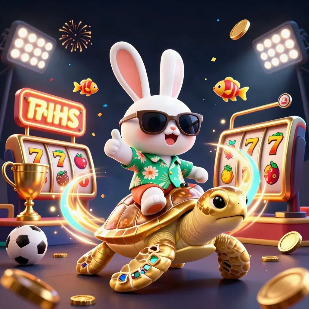Lucky rabbit rides a golden sea turtle amid coins, balls, fireworks, and neon casino lights.