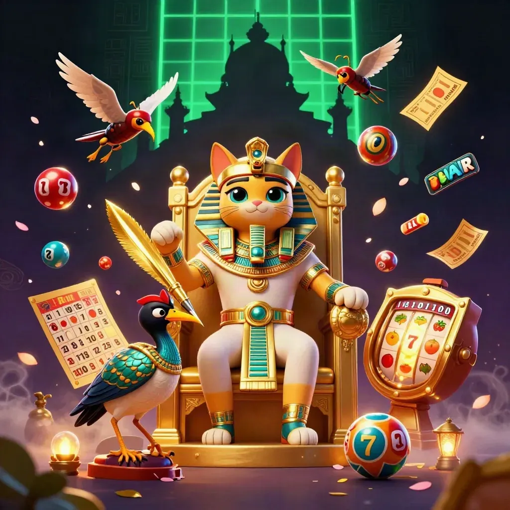 Pharaoh cat on a throne with ibis scribe, scarabs, casino symbols, and neon dark magic.