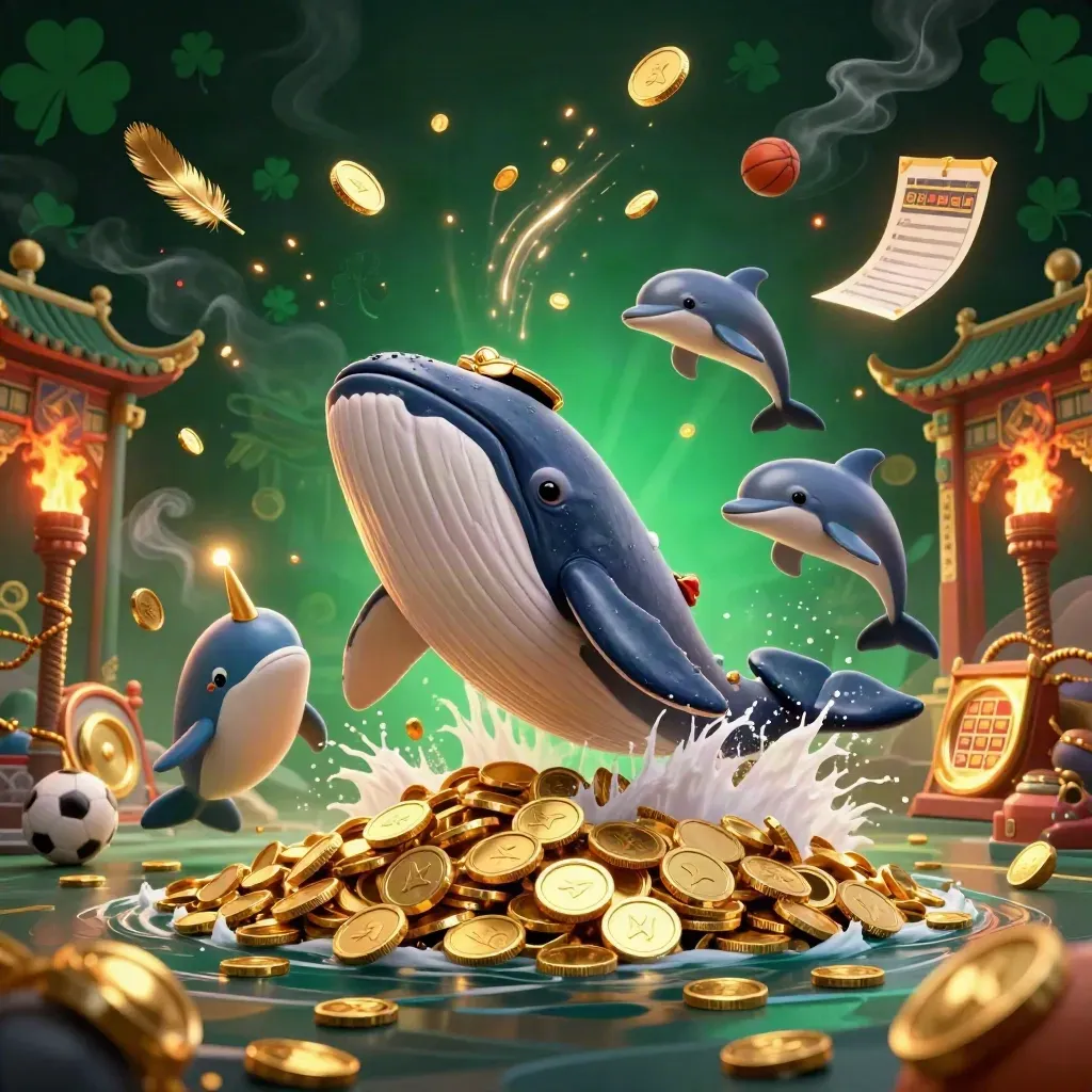Whale captain, narwhal, and dolphins burst through gold coins with casino and sports-betting flair.