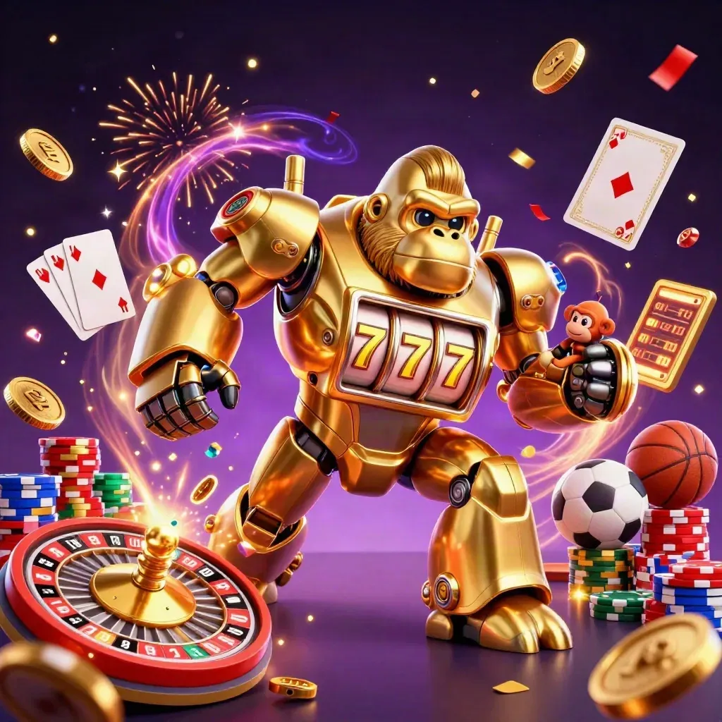 Golden gorilla mech with monkey pilot amid coins, chips, roulette, sports props, fireworks