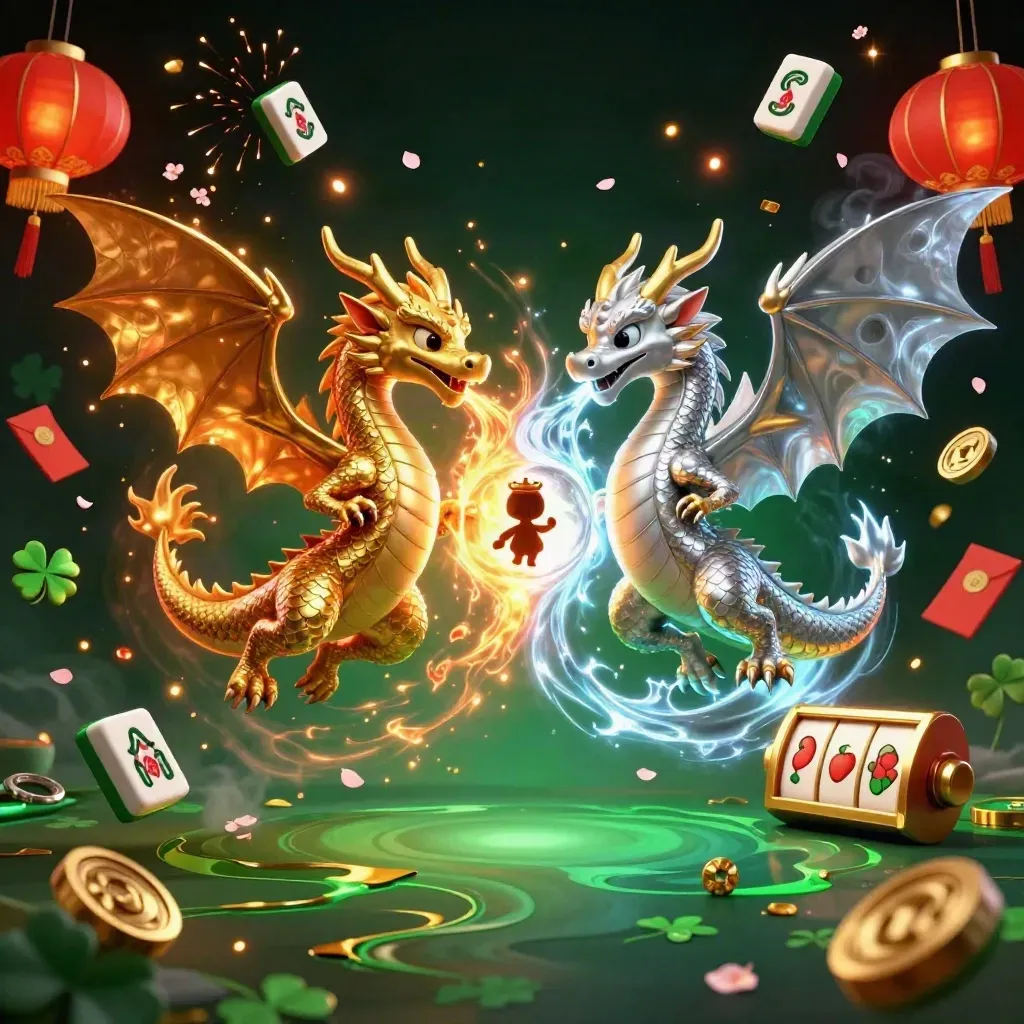 Gold and silver dragons form a yin-yang amid casino symbols on a dark emerald background.