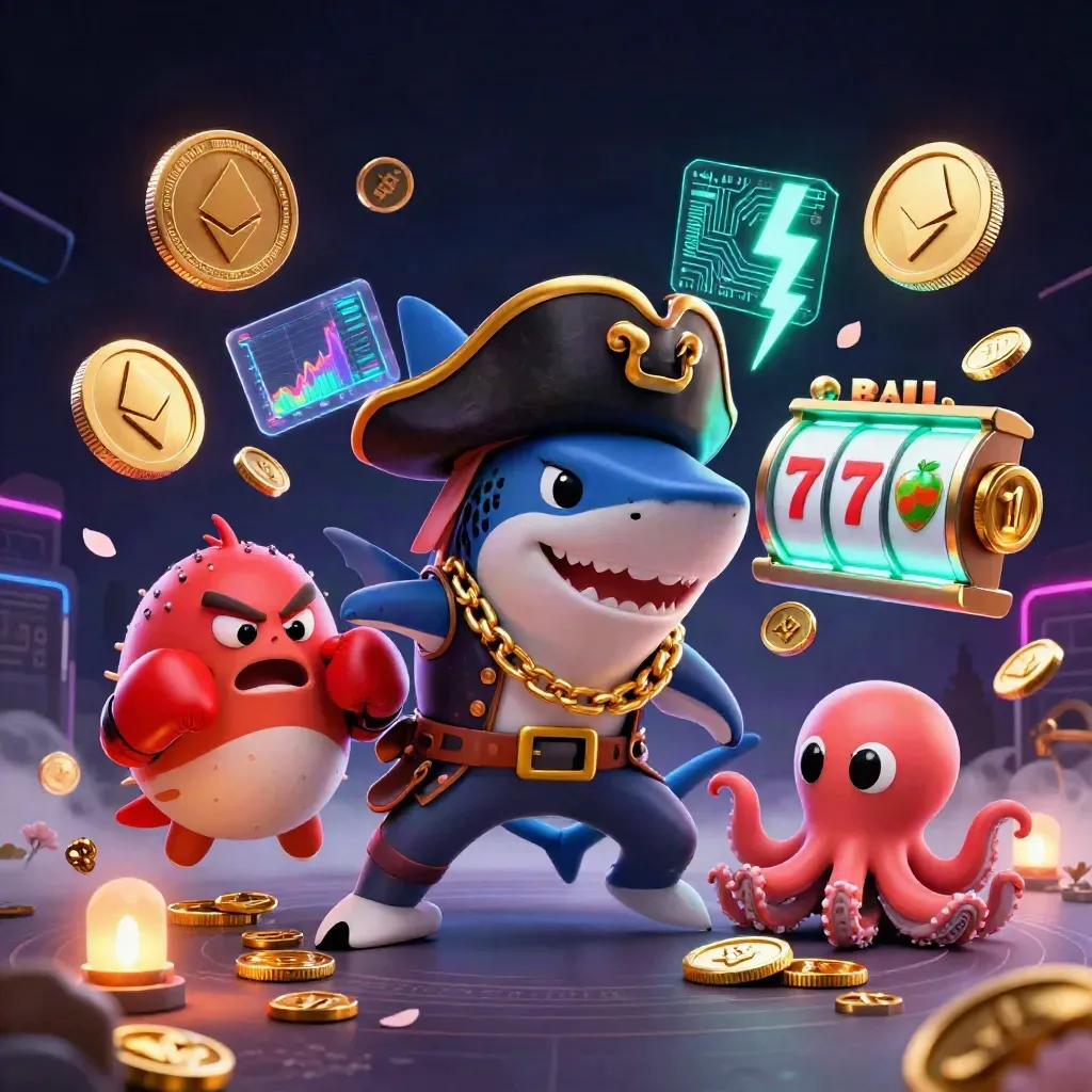 Pirate shark, boxing pufferfish, and juggling octopus amid neon casino coins and lightning