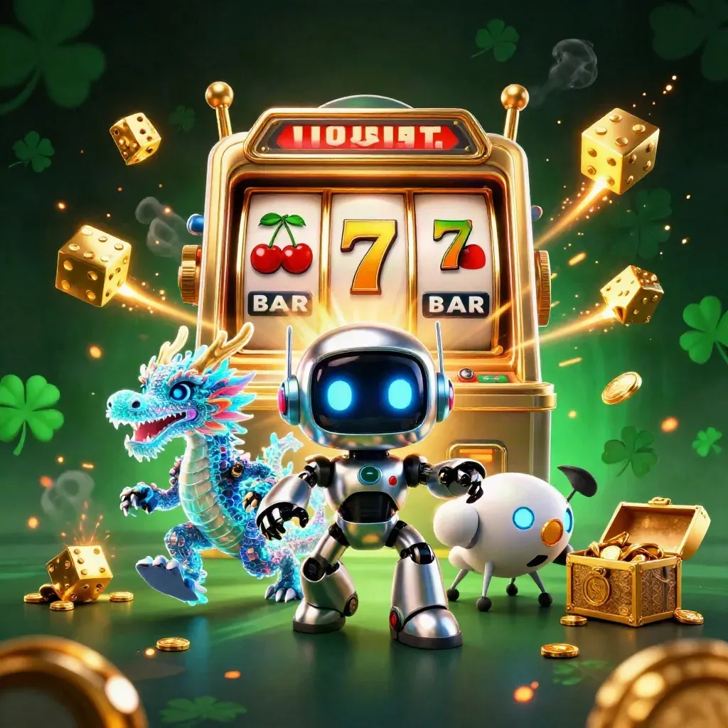 Chrome robot, holographic dragon and coin drone amid jackpot slot bursts on a dark emerald casino backdrop.