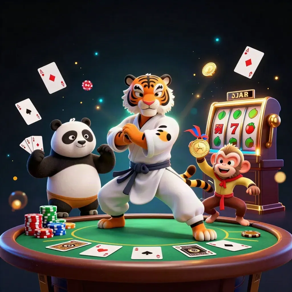Kung-fu tiger, panda, and monkey amid casino chips, reels, and glowing jackpots.